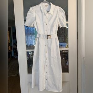 Shoshanna Annette Belted Puff Sleve White Midi Dress Size 12